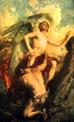  Spiritus Adversus Carnem”, the Soul and Evil. Date unknown. Oil on Canvas. 204 x 125 cm (80.31 x 49.21 in.) Harris Museum and Art Gallery, Preston, United Kingdom.Art by James Clarck.(1858-1943).