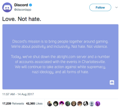 the-future-now: Gaming chat service Discord shutters alt-right server in the wake of Charlottesville protests In the wake of white-nationalist-led demonstrations in Charlottesville,  Virginia, over the weekend, the chat service Discord, billed as a  “Skyp