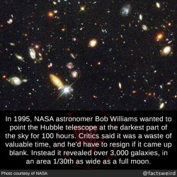 mindblowingfactz:  In 1995, NASA astronomer Bob Williams wanted to point the Hubble telescope at the darkest part of the sky for 100 hours. Critics said it was a waste of valuable time, and he’d have to resign if it came up blank. Instead it revealed