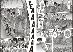 mishhima:  This is perhaps one of my favorite scenes of recent chapters. Because you’ve got all the old veterans like Erwin, Levi and Hanji who are all used to being treated like a waste of tax payers money and a worthless cause. Now people are actually