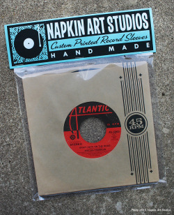 napkinartstudios:  New custom retro/vintage style 45rpm record sleeves now available in our Etsy shop! Each pack contains 10 hand printed record sleeves with a vintage 45 record (inserted randomly). A great way to start a collection, or to spruce up your