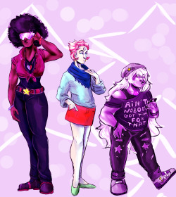jen-iii:Fashion Crystal Gems: Now in color!(And yes, Garnet does have the completed version of Ruby and Sapphire’s ‘Other half’ heart necklaces, and Rose is also wearing a macaroni necklace that Steven made for her, she never takes it off :D)