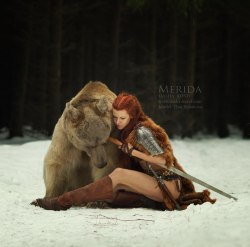 the-great-gig-in-skaia:  sakafai:  OMG! Incredible “extreme” cosplay called Merida by the model Tina Rybakova. Photo by Dasha Kond  ”I need a bear for my cosplay. You need a what? A bear. 5 years, an exotic pet license, and 15,000 dollars later