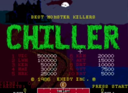 sixpenceee:CHILLER (ARCADE GAME) Chiller was an arcade game released in 1986 The player takes on the role of an unseen torturer who must maim, mutilate, and murder helpless victims in a variety of dungeon settings. Few of the enemies in the game are