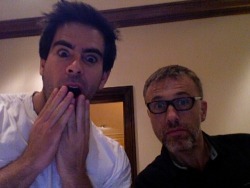 tarantinochan:  reminder that this is an actual webcam pic of eli roth and christoph waltz reading inglourious basterds fanfic  