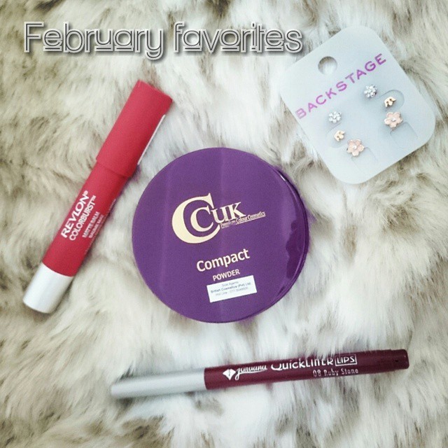 February favorites: @revlon matte balm in no. 250 Standout Remarquable, CCUK compact powder in no. 9 Biscuit Glow, @jordana_cosmetics quickliner in no. 08 Ruby Stone and earring set from Backstage @odel_instagram . ❤😃