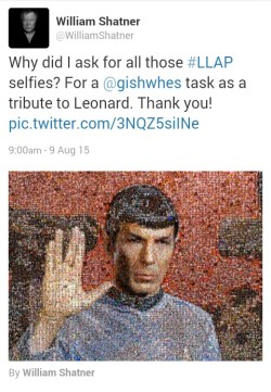 voidbat:  splogical:  Remember all those Vulcan Salute, LLAP  selfies? Here they are unified as a beautiful mosaic tribute for our  Space Grandpa, Leonard Nimoy. \V/_    - via William Shatner’s twitter.  SUDDEN, UGLY SOBBING. @nehirose OH GOD 