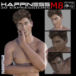 Happiness  is composed of 30 one click expressions for M8 and G8M. It is also  composed of 30 morph sliders that can be manipulated depending on  preference for more subtle expressions. Files for DAZ Studio 4.9 and up  are included in this set. Happiness