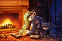 asksunshineandmoonbeams:  We interrupt your weekly dose of hilarious antics by this relaxing painting of the two sisters. Here we have Luna snuggling up to her big sis or perhaps taking a snooze during a relaxing evening of reading by the fireplace. Hope