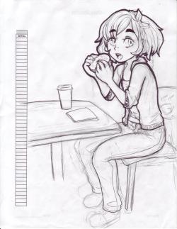 I&rsquo;m going to China for two weeks! I probably won&rsquo;t have very reliable internet access, but we&rsquo;ll see how it goes! Here&rsquo;s a picture of Cappuccino eating a bagel thing that I drew at work! Yay! I hope to have my Madoka naughty comic