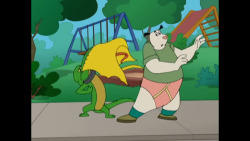 Looks like Steamer lost his pants again thanks to an alligator. And again he’s out in public! He then runs home from the park. Guess everyone down the way will see his pink briefs. 