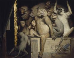 Gabriel von Max (Gabriel Cornelius Ritter von Max, German, 1840-1915), Affen als Kunstrichter (Monkeys as Art Critics), 1889; oil on canvas, 85 x 107 cm;   Neue Pinakothek, Munich