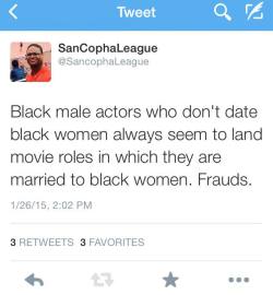 afrogirlwonder:  killakungfuwolfbytch:  sancophaleague:  Don’t date black women in real life but always up in the movie with a black woman… #sancophaleague  This tea is well brewed 🐸☕💅  Umm Omari Hardwick wife.. 😳 tf bruh?  Alla them basic