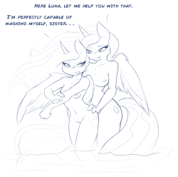 needs-more-butts:  Commission for Dead Pegasus. Some of the bath scene details will be fleshed out in the color version, but yes, they’re taking a bath together if it’s a little hard to tell. Gotta love some implied princest~  &lt; |D&rsquo;&ldquo;&rdquo;