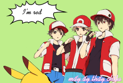 the-red-to-my-green:  Aheheh I’m pretty sure the Red on the right is the original Red Source: http://iutruyentranh.com/truyen/7248-Pokemon-Philatelic-Dou/c000.html?id=133241 