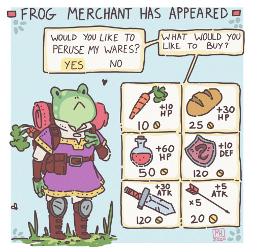 ismarus-art:    ＊✿❀  The Frog Merchant is in town! They have so many things that would be useful on your adventure. ❀✿＊   - What would you like to buy? - 