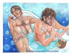 howishughdancyevenpossible:  little-doodles-count:  A not so romantic bathtime Watercolor/Colorpencil/ Photoshop I wanted to do a romantic bubble bath but my mind was too dirty so I decided to do something a little less romantic. So I made them just relax
