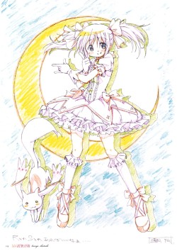 magicalgirlproject:  Madoka tips a hat to her ancestor. Official art. 