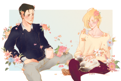 thacmis:  Otabek Altin, Yuri Plisetsky, cat, and flowers - commissioned by @yuris-gay-dads instagram | store 