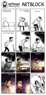 ohyeahcomics:  Via Schatky with thanks to Lickal0lli for the translation  So true what this one says about dealing with art blocks. Best to stop sitting around  and shift gears to drawing!