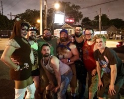 Our crew from our first Bears Night at one of our local gay bars. On my far right is Miranda Man, the MC. To my immediate right is my husband Derek, winner of the best beard contest. I won the hairy chest contest. To my left is our friend Justin who won