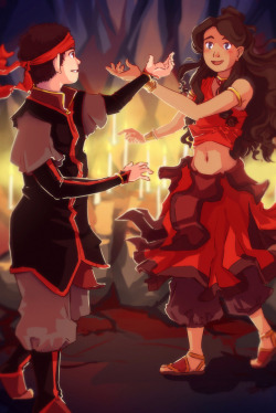 non-bender-world:  spherefish: Kataango (I finally got around watching ATLA and these two were the cutest thing ever!     I really liked that fire nation dance scene, so I decided to draw it.  ♥)   I love Kataang dancing art so much