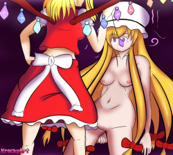 krackyart:  So this was a thing I was working on for a while.  Flandre Scarlet and Yukari Yakumo just having a fun time. ^^  Hope you like it.  First time I’ve posted something lewd in months, I think.