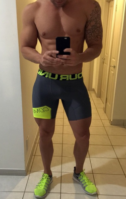 shorts-and-underwear:Lycra sport shorts with yellow sneakers