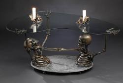 drtanner-sfw:  asylum-art-2:  Skeleton Coffee Table by Skelemental   This is Full Throttle, a rather unusual skeleton coffee table, and Skelemental’s first  piece of furniture. Full size skeleton busts, one being strangled by  the other. Bronze skeletons