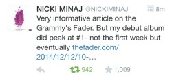 igglooaustralia:  Nicki Minaj isn’t biting her tongue anymore. This isn’t the first time she’s spoken out about the Grammy’s. She did back in 2010 along with other black artist, read the article she shared here 