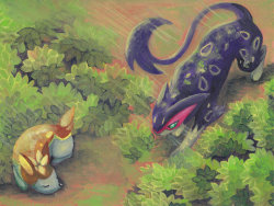 alternativepokemonart:  A Pokemon hunting other Pokemon by request. (Don’t worry, guys.. the Deerling gets away, and the Liepard realizes the folly of his ways and goes vegetarian, which completely fulfills him and does not make him sick in any way.)