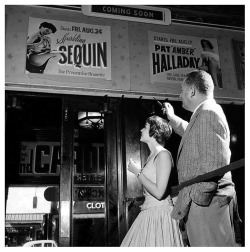 Sequin     aka. &ldquo;The Provocative Brunette&rdquo;.. From inside the foyer at the &lsquo;ADAMS Theatre&rsquo; in Newark, New Jersey; Harold Minsky points out the lobby poster advertising Sequin&rsquo;s final week of shows (August 24-30, 1956)