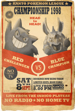 alternativepokemonart:  Vintage boxing-style poster of Pokemon Red &amp; Blue opening —- Holly: Love it! I remember someone asking for a Gengar vs. Nidorino picture a few months ago, too..