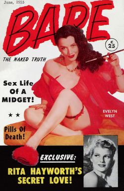 burleskateer:Evelyn West graces the cover of the June ‘55 issue of ‘BARE’ magazine; a popular 50’s-era Men’s Pocket Digest..