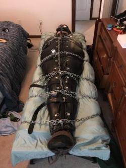 dogcatcherva:  5 hours stored. Gagged and blindfolded with electrical tape under the neoprene blindfold and muzzle white noise as well.  Boyfriend did a great job making sure I couldn’t even shake my head. 
