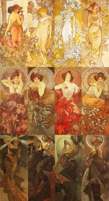 sigridhr:  top to bottom, left to right: The Flowers: Carnation, Iris, Lily Rose; The Precious Stones: Amethyst, Emerald, Ruby, Topaz; The Moon and Stars: The Morning Star, The Evening Star, The Polar Star, the Moon.  Alphonse Mucha (1860-1939).  