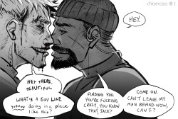 chloerozo:  “On your feet, soldier.”  Some wholesome flirtatious Reaper76 content, or rather Jack Morrison and Gabriel Reyes, back when they got into trouble together 99% of the time.   Gabe is the best to draw, he has so many feelings.   