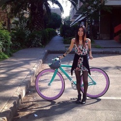 razumichin2:  Mint green fixie with pink rims, fixie girl in floral dress and black tights