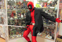 myinnerdomme:  tobiasxva:  I love accurate deadpool cosplay gifs. This is why we need a real R rated Deadpool movie.  I don’t know that much about Deadpool, but he looks like my kind of superhero.  