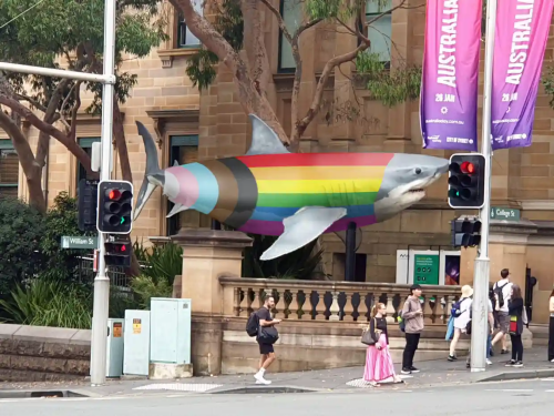 shesnake:“Progress Shark” outside the Australian Museum, ahead of Sydney Mardi Gras/World Pride Festival 2023.