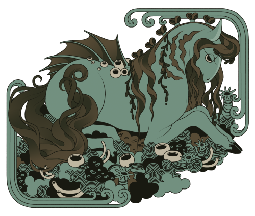 iliothermia:Oh yeah I doodled a little simple kelpie while I was takin a break, at the request of a patron of mine for the next sticker poll.. [ID: a little funny looking kelpi marine horse, surrounded by types of corals. It has a nice little fin on