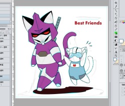 eikuuhyoart:  Slowly making progress on the kittyformers print part 4! Got all the line art and basic colors done, so time to add in some shading… Still not set on what the phrase I’ll use for these two will be or what color I’ll use for their background…