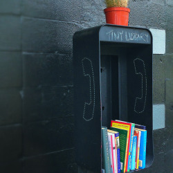 unconsumption:  Pay phone booth repurposed as a tiny library — a “take a book, leave a book” little free library.  I LOVE THIS — a creative reuse and community win! This micro-library sits in Houston, Texas, outside local coffee house Black Hole