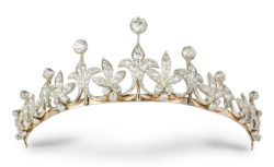 caughtinanotherworld:An Edwardian diamond tiara, with foliate swags and floral motifs graduating from the centre, set with old brilliant-cut and rose-cut diamonds, all to a yellow gold mount with detachable frame, (convertible into a necklace or coronet),