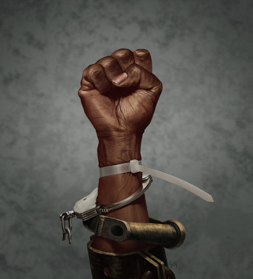 amethystviolist: herochan:  Generational Oppression Art by  Ricardo Chucky || IG  [ID: A realistic painting of a raised black fist over a mottled gray background. At the base of the image, the arm bears a chained manacle. Above it is an unfettered metal