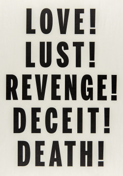 contemporary-art-blog: Janice Kerbel, Love, Lust, Deceit, Revenge, Death, 2014 Catriona Jeffries Gallery