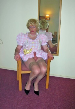 sissydebbiejo:  What a cute sissy in her party dress showing off her clitty.