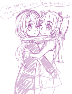 Madohomu scarf sharing winter wonder!  I wish I had more time to work on my Madoka and Homura stuff, but I&rsquo;m six commissions deep @ v @;;  I still have my ideas, though, and when I get a chance, I sketch them out a little bit at a time! 