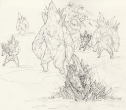 quietasthieves:  Been a minute. Some more Dark Souls stuff, of course, though that may taper off a bit I think. Crystal Golem doodles. Hydra’s such a cruel, backstabbing jerk. 