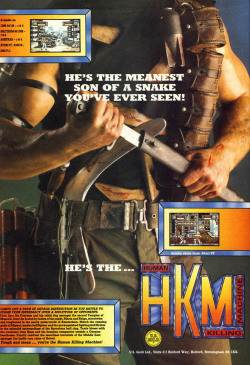 vgprintads:  &ldquo;Human Killing Machine&rdquo; [UK] via Lemon Amiga  &ldquo;The chap pictured appears to have a rack of pork pies strapped to his chest, presumably in case he gets hungry mid-fight.&rdquo;